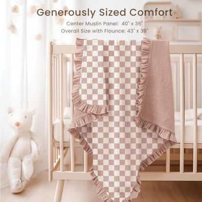 Konssy 100% Cotton Muslin Baby Blanket with Ruffle Trim for Girls, 43"x39" - color: Rosy Check