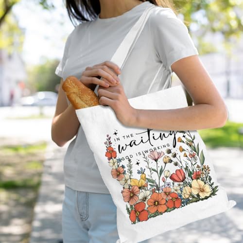 VICBOU Bible Verse Canvas Tote Bag Religious Christian Gifts for Women Men Faith Canvas Tote Reusable Grocery Bag - color: Waitinggod