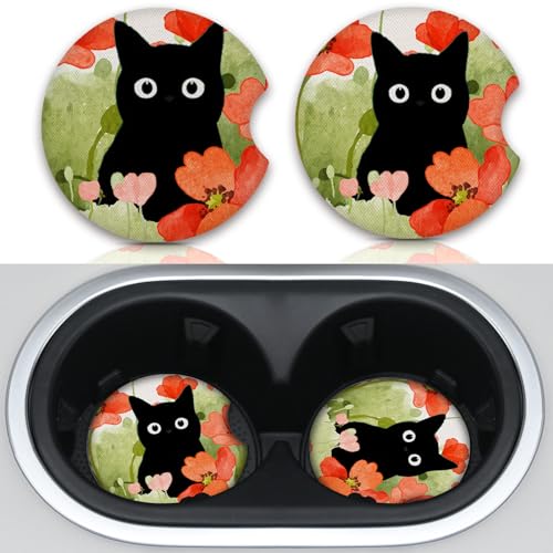 Car Coasters for Cup Holders,Balck Cat Cute Car Assecories for Women,Pack of 2 Cup Holder Coasters for Car,2.75" Anti Slip Rubber Car Cup Mat with A Finger Notch. - color: Black Cat