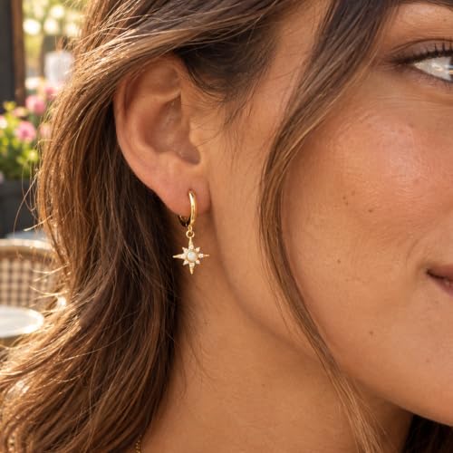Dangle Earrings for Women, Dainty Huggie Hoop Dangle Earrings - color: Starburst 01 Dangle Gold