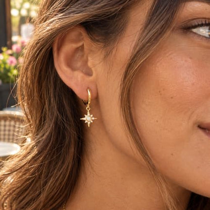 Dangle Earrings for Women, Dainty Huggie Hoop Dangle Earrings - color: Starburst 01 Dangle Gold