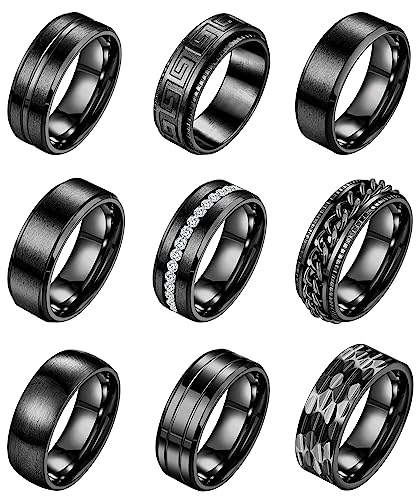 9Pcs 8MM Stainless Steel Band Rings for Men Women Chain Rings Simple Brushed Wedding Engagement Rings Set 7-13 - color: Black