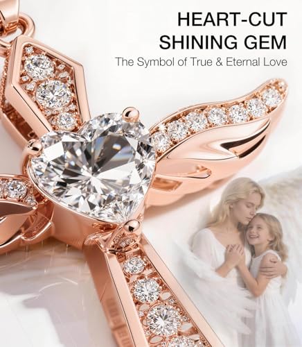 Lovans Cross Necklace for Women 925 Sterling Silver Angel Wings Pendant - color: Rose Gold+White CZ, size: 18"+2"