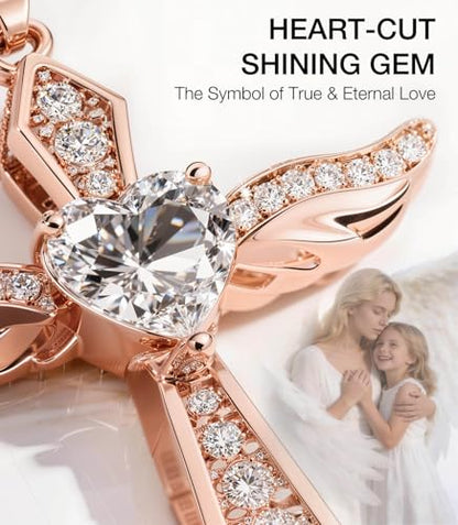 Lovans Cross Necklace for Women 925 Sterling Silver Angel Wings Pendant - color: Rose Gold+White CZ, size: 18"+2"