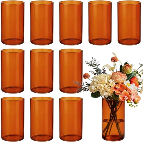 TBWIND 12pcs 6 Inch Amber Glass Cylinder Vases for Centerpieces - size: 12 Pack 6 Inch - Amber
