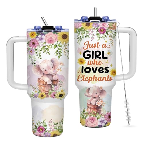 Elephant 40oz Tumbler with Handle & Straw, Gift for Women & Girls - color: Elephant-White