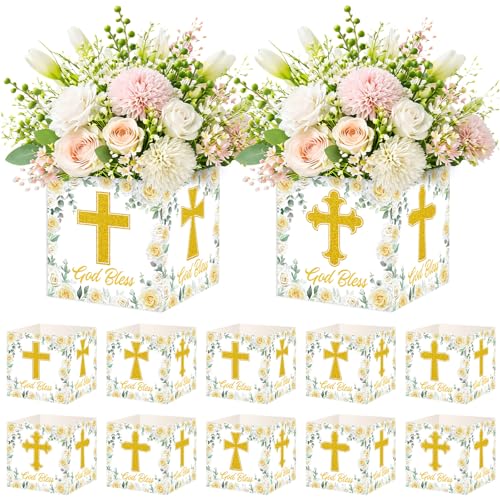 Cinrobiye 24 Pcs Baptism Centerpieces for Tables, First Communion Cross Centerpiece Boxes, God Bless Table Decorations for Christening, Religious Party, Baby Shower and Church Celebrations - color: White1