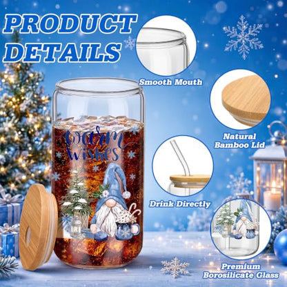 Teenyyou 12 Sets Christmas Glasses Cups with Bamboo Lid and Glass Straw, 16 oz Blue Winter Gnome Snowman Glass Jar Drinking Cups, Festive Elk Christmas Tree Coffee Cup for Xmas Holiday Party Gifts - style: Blue Stripes