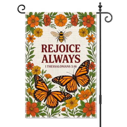 Rejoice Always 1 Thessalonians 5:16 Floral Bee Garden Flag 12x18'' - color: Orange, Yellow, Green, Cream