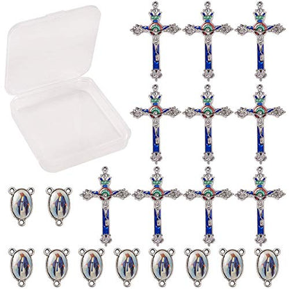 SUNNYCLUE 1 Box 20Pcs Easter Holiday Tibetan Style Rosary Cross and Center with Alloy Cross Pendants and Oval Chandelier Links for Rosary Beads Jewelry Necklace Making Supplies - color: 20pcs Double Sided Blue Themed Cross Charms and Linking Connectors