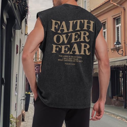 Mens Christian Sleeveless Shirts Faith Over Fear Graphic Tank Tops Gym Workout Acid Wash Tanks Cut Off Muscle Shirt - color: Black, size: Small