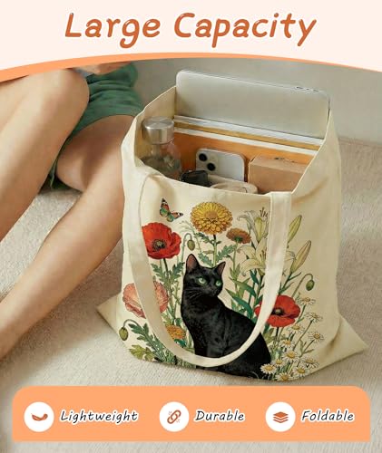 Women's Canvas Tote Bags with Inner Pockets & Metal Snap, Reusable Tote Bag for Girl's Vacation Travel Gym Shopping - color: Black Cat 2