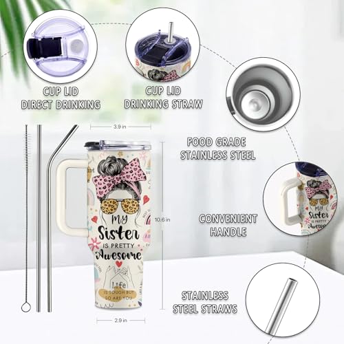 Sister 40oz Tumbler, with Handle Straw, Stainless Steel Coffee Cup - color: Sister