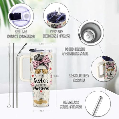 Sister 40oz Tumbler, with Handle Straw, Stainless Steel Coffee Cup - color: Sister
