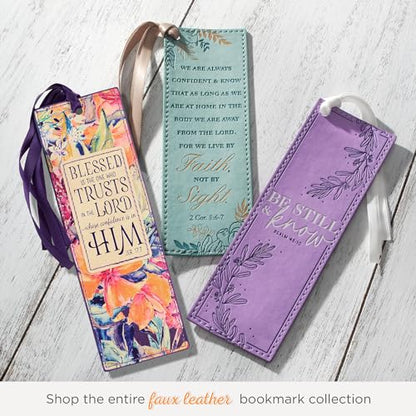 Christian Art Gifts Faux Leather Floral Bookmark: Blessed is The One - color: Purple - Blessed/Trust Lord