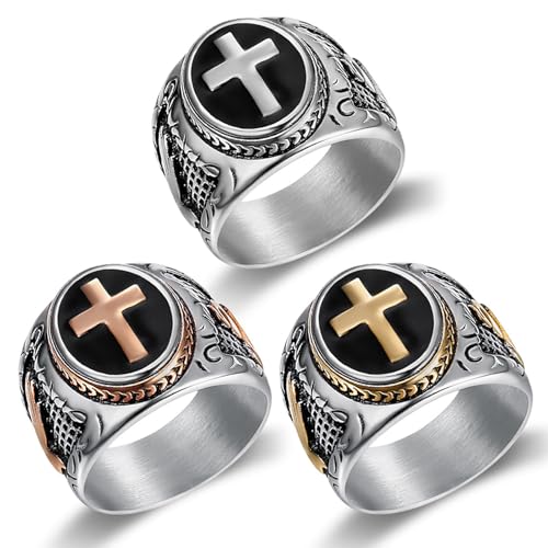 JAJAFOOK Men's Silver-Tone Stainless Steel Cross Ring - color: Rose Gold