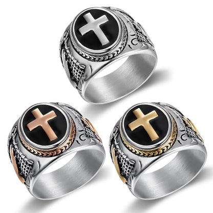 JAJAFOOK Men's Silver-Tone Stainless Steel Cross Ring - color: Rose Gold