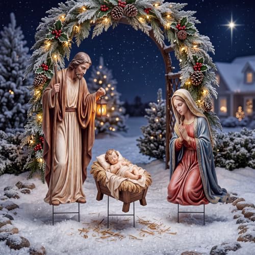 Shimeyao 3 Pcs Metal Christmas Outdoor Nativity Scene Set 49.2 Inch Large Christmas Holy Family Nativity Scene Decorations Includes Stakes Jesus Joseph Mary for Front Door Garden Home Patio Outside - style: Nativity Scene