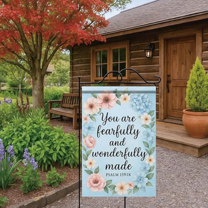 Christian House Flag 28x40 Inch You Are Fearfully And Wonderfully Made Garden Flag Psalm 139:14 Double Sided Floral Wreath Yard Banner Outdoor Porch ration USA Home Garden Church - color: Garden Flag