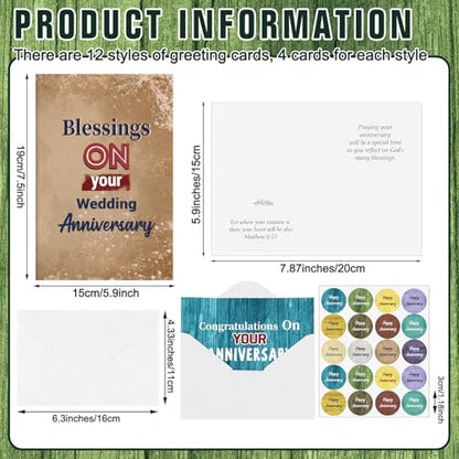 Motiskyy 48 Sets Religious Anniversary Cards Bulk for Wedding Couple Christian Happy Anniversary Cards with Envelopes and Stickers Bible Verse Scripture for Wife Celebrating Moment(Retro) - style: Retro