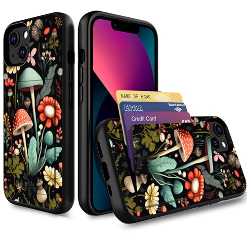 for iPhone 15 Case,Wallet Case Credit Card Holder Dual Layer Hybrid Shockproof PC + TPU Case Cover for iPhone 15 6.1" 2023,Mushroom Forest - color: Mushroom Forest, size: iPhone 15 6.1"