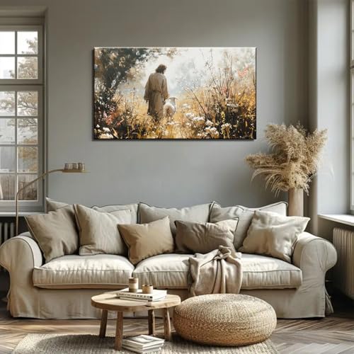 1Pcs Vintage Framed Jesus Lamb Paintings Canvas Wall Art Shepherd Flock Paintings Christian Wall Decor Modern Pictures Religious Art Print for Living Room Bedroom Decoration24x36in - size: 24"L x 36"W