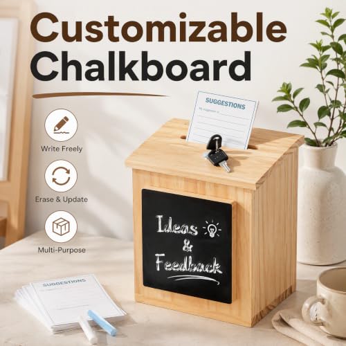 ZENFUN Wooden Suggestion Box with 50 Free Suggestion Cards, Natural Pinewood Ballot Comment Box Donation Box with Locking Hinged Lid for Countertop or Wall Mounted, 8.6" x 6.8" x 10"