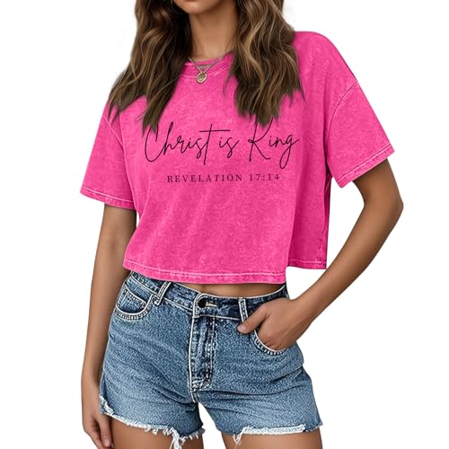 KIEKIECOO Womens Cropped Acid Wash Tshirt Vintage Christian Graphic Crop Tops Tees Oversized Christ is King Faith Gifts Shirt - color: Rose, size: Medium