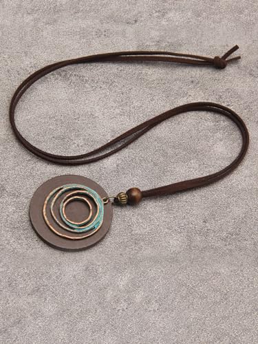 Leather Necklace for Women Long Boho Pendant Hippie Choker Necklace Bohemian Layered Leather Rope Wooden Jewelry Gifts - style: Wooded Pendant
