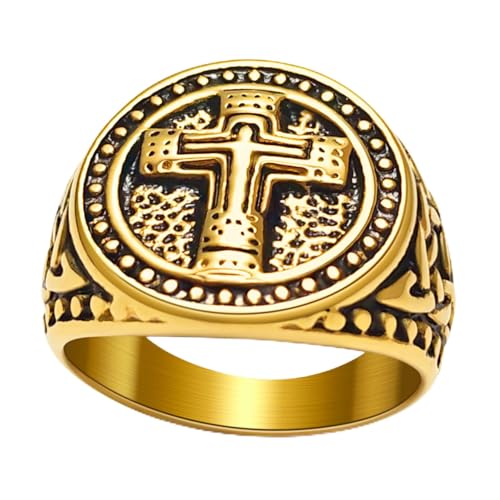 Christian Cross Rings for Men - Stainless Steel Jesus Jewelry with Celtic Knot Sides (Gold/Black/Silver) - Catholic Religious Gift, Size 7-13 - color: F-Gold-Jesus