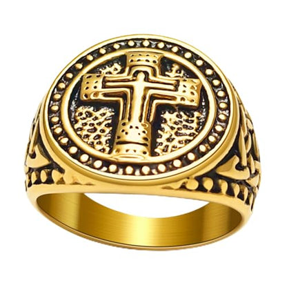 Christian Cross Rings for Men - Stainless Steel Jesus Jewelry with Celtic Knot Sides (Gold/Black/Silver) - Catholic Religious Gift, Size 7-13 - color: F-Gold-Jesus