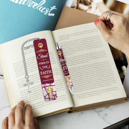 Bible Metal Bookmark Pen Gift Set, Scripture Marble Design Christian Women - style: Religious Burgundy