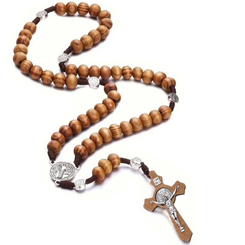 1Pcs Brown Wooden Rosary Beads Cross Catholic Necklace St Benedict Rosarios Catolicos for Men Women