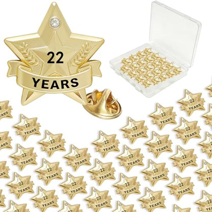 Years of Service Pins, Gold Star Pin for 1-30 Year Work Anniversary, Long Standing Employee Recognition Award Star Pins for Staff, Team & Volunteers - style: 22 Years
