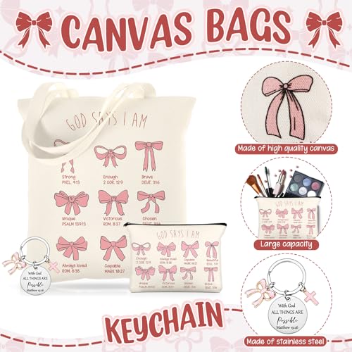 Kinlop 5 Pcs Pink Bow Tote Bag Set Canvas Cosmetic Bag Notebook Pen - color: Pink, style: Pink Bow