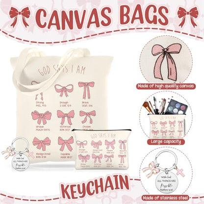 Kinlop 5 Pcs Pink Bow Tote Bag Set Canvas Cosmetic Bag Notebook Pen - color: Pink, style: Pink Bow