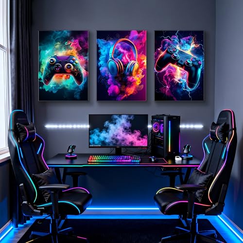 WENGTIAO 3Pcs Neon Gamepad Headphones Canvas Wall Art Prints 20"x28" - color: Cool Game Controller, size: 20"x28"x3Pcs