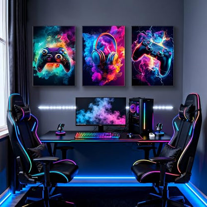 WENGTIAO 3Pcs Neon Gamepad Headphones Canvas Wall Art Prints 20"x28" - color: Cool Game Controller, size: 20"x28"x3Pcs