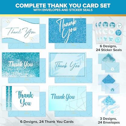 Decorably 24 Pack Glittery 6x4in Light Blue Thank You Cards with Envelopes - style: Light Blue
