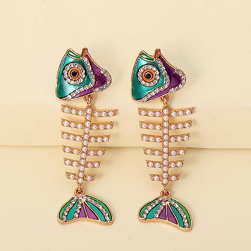 Fish Bone Earrings Drip Oil Animal Earrings Colorful Crystal Sparkly Enamel Earrings Creative Long Fishbone Earstud Dangle Fish Drop Earrings Jewelry for Women - color: Pearl