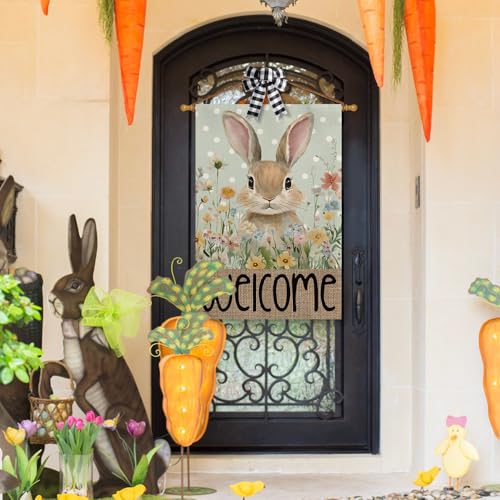 AVOIN colorlife Spring Easter Bunny Welcome House Flag 28x40 Inch - color: Blue, size: House Size-28 x 40"