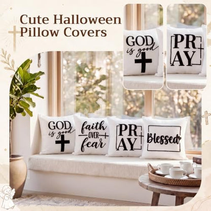 Mixweer 4 Pcs Christian Pillow Covers Set, 18 x 18 Inch Embroidered Bible Verse Pillow Cases, Religious Square Throw Cushion Cover for Couch Sofa Bed Home Christmas Decoration - style: Christmas