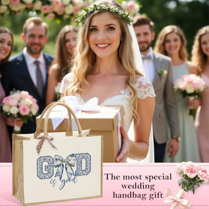 KongMoTree Christian Tote Bags, Coquette Bow Bag with Floral Christians Gifts for Mom, Wife, Sisters, Best Friends - color: God is Good Blue