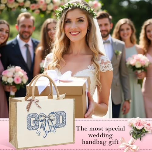 KongMoTree Christian Tote Bags, Coquette Bow Bag with Floral Christians Gifts for Mom, Wife, Sisters, Best Friends - color: God is Good Blue