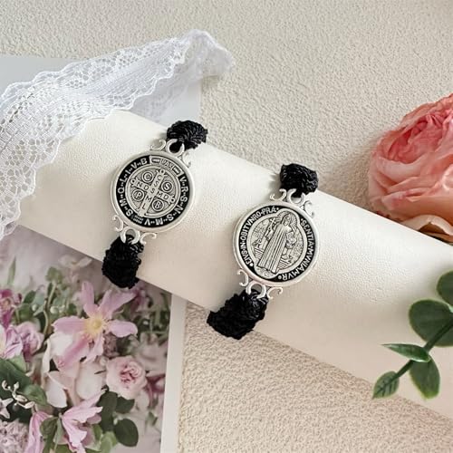 2 Pcs Red ST Benedict Bracelets Catholic Rosary Gifts Black Saint Benedict Bracelet Adjustable Blue String Medalla De San Benito Religious Gifts For Men Women - color: Black