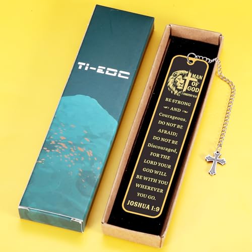 Christian Bookmark Man of God, Inspirational Lion Bible Verse Bookmark with Cross Pendant, Religious Scripture Verse Bookmarks for Man Accessories Church Confirmation Baptism Easter for Pastor Men - style: Be strong and courageous