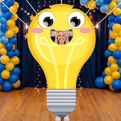 WovWeave VBS 2026 Light Bulb Face Hole Photo Booth Prop, Illumination Party Backdrop for Vacation Bible School, Sunday School Church Classroom Decorations, Funny Cartoon Photography Banner 71"x43" - style: Light Bulb
