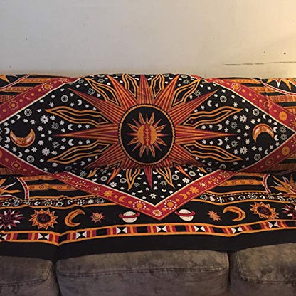 Popular Handicrafts Wall Hanging Tapestry For Bedroom Hippie Burning Sun and Moon Meditation Bohemian Hippy Psychedelic Design Indian Tapestries Bedspread 90 x 108 inches (230cm x 270cm) Green - color: Golden, size: 108"L x 90"W