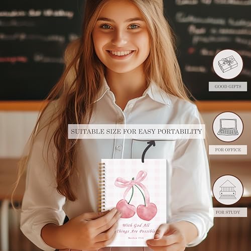 Coquette Pink Bow Cherry Christian Spiral Notebooks, With God All Things are Possible Bible Journal, Religious Journal for Women, Coquette Girly Office Supplies, 5.5x8.3 Inches - color: Cherry Bible