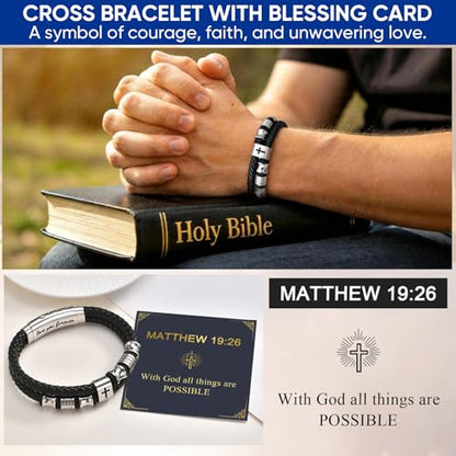 Men's Leather Cross Bracelet - Silver Double Row Braided Leather Cross Bracelet for Men with Inspirational Bible Verse Card, Faith Christian Religious Gift for Husband Son on Baptism Easter Birthday - color: MATTHEW 19:26